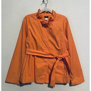 J Crew Coat Womens 12 Orange Frenchie Slicker Ruffle Belted Pockets Cottagecore